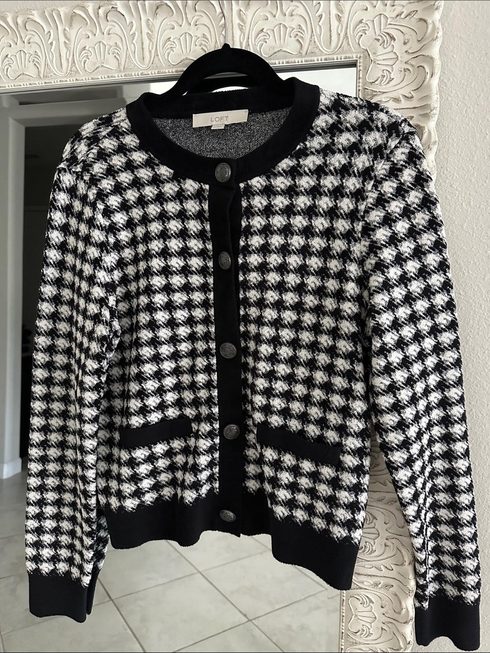 LOFT Black & White Houndstooth Button-Front Cardigan